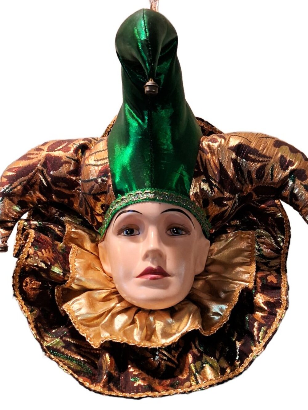 Vintage Porcelain Harlequin Jester Wall-Hanging Mask with Fabric Ruffles